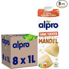 Alpro Mandeļu dzēriens bez cukura, neapgrauzdēts, augu dzēriens, vegāns, bez laktozes, bez glutēna, UHT, 8 x 1 L