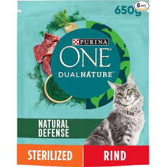 PURINA ONE Dual Nature sausais kaķu barība kastrētiem kaķiem ar spirulīnu, bagāta ar liellopu gaļu, 6 gab. (6 x 650 g)