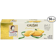 Matilde Vicenzi Grisbi Lemon itāļu cepumi ar samtainu krējuma pildījumu, mīklas cepumi ar kraukšķīgu mīklu, atbilstoši itāļu cepšanas tradīcijām, 14 cepumu ar kraukšķīgu mīklu iepakojumā (14 x 150 g)