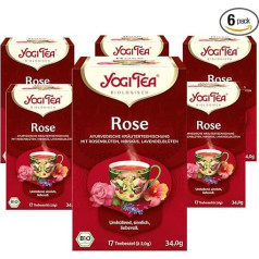 YOGI TEA Rose, ājurvēdas organiskā garšvielu tēja, rožu, hibiska un lavandas ziedu maisījums, 6 x 17 maisiņu (kopā 102 tējas maisiņi)