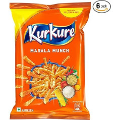 Kurkure Masala Munch - 6 gabaliņu iepakojums | Kraukšķīga uzkoda no Dal, kukurūzas un rīsiem | Vegāniskās un veģetārās uzkodas | Intensīvi garšvielām bagātināts garšas baudījums