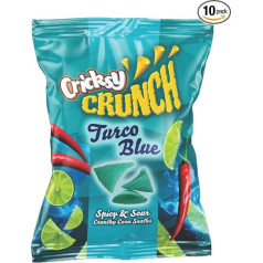 Cricksy Crunch Turco Blue, 120g - zilas kukurūzas uzkodas ar čilli un laima garšu, lieliski piemērotas ballītēm un filmu vakariem.