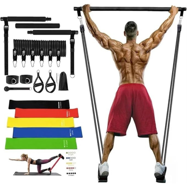 MOTOGZRGQ Fitnesa Pilates bāra komplekts ar pretestības joslu komplektu sievietēm un vīriešiem Bodybuilding Home Gym Joga Pilates Exercise Workout Equipment