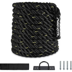 MSPORTS Battle Rope Professional Studio Quality | Garums: 15 m | Diametrs: 5 cm | Treniņu virve Sporta virve Trieciena virve Fitnesa virve Čūskas virve Šūpoļu virve