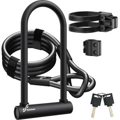 Sportneer velosipēdu slēdzene 18 mm Heavy Duty U-Lock ar 180 cm augstas drošības tērauda trosi un izturīgu turētāju un atslēgu pret zādzību drošām slēdzenēm ceļa velosipēdam E-Bike kalnu velosipēdam Saliekamais velosipēds