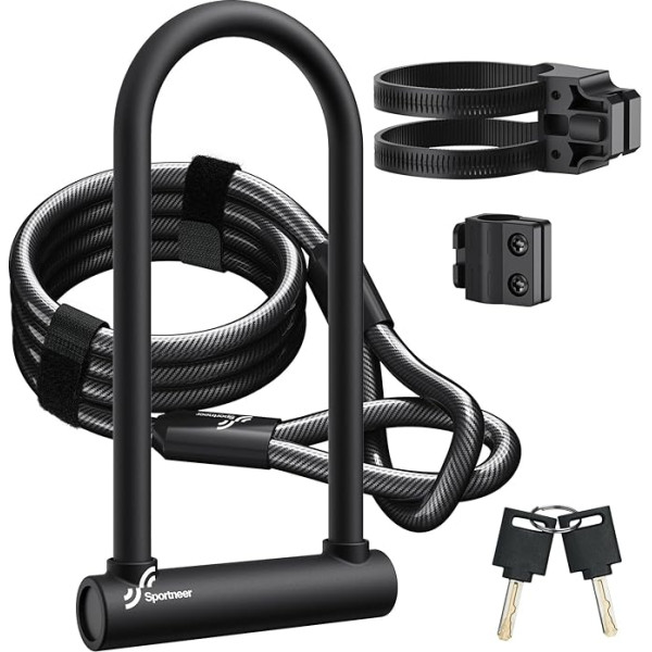 Sportneer velosipēdu slēdzene 18 mm Heavy Duty U-Lock ar 180 cm augstas drošības tērauda trosi un izturīgu turētāju un atslēgu pret zādzību drošām slēdzenēm ceļa velosipēdam E-Bike kalnu velosipēdam Saliekamais velosipēds