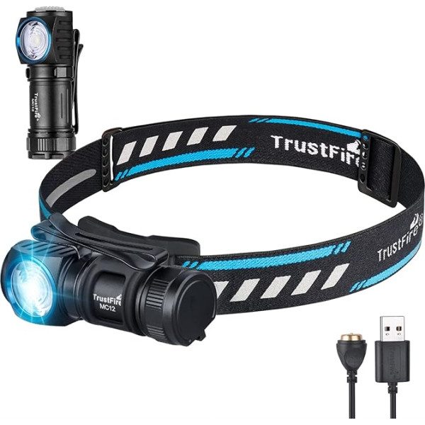 TrustFire MC12 Mini LED galvas lukturītis, 1000 lūmenu, spilgts, ar 16340 akumulatoru un uzlādējamu magnētisko USB, melns