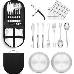 ANZOME Camping Cutlery Set for 2 People, 12 Pieces, Camping Cutlery Set with Forks, Spoons, Knives, Bottle Openers, Plates, Butter Knife and Napkins for Outdoor Cookware, Travel, Hiking, Camping