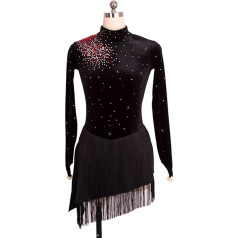 YDHTIZ Vienkārša dāsna Daiļslidošana kleita Sievietes augstu apkakli garām piedurknēm Rhinestone vingrošana Sparkly Tassels Jersey