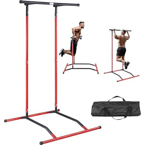 VEVOR Augstumā regulējams augstums Pull Up Bar Stand 120 līdz 201 cm ar 2 līmeņiem, daudzfunkcionāls spēka treniņu aprīkojums, Fitnesa Dip Bar stacija mājas sporta zālei, melns + sarkans