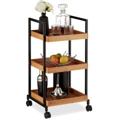 Relaxdays Modern Kitchen Trolley & Iron 3 Shelves Square 4 Wheels 69.5 x 37 x 34 cm Natural Tan Black