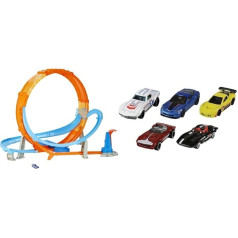 Hot Wheels HCB00 Milzu cilpu trases komplekts ar aptuveni 70 cm platu cilpu un 1 transportlīdzekli, no 5 gadiem & 01806 5 lējumu automobiļu dāvanu komplekts 1:64, 5 rotaļu automašīnas, no 3 gadiem