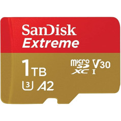 SanDisk Extreme microSDXC UHS-I atmiņas karte 1 TB + adapteris (viedtālruņiem, rīcības kamerām un droniem, A2, C10, V30, U3, 190 MB/s pārraides ātrums, RescuePRO Deluxe)