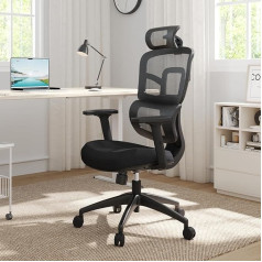 Novilla Bürostuhl, Ergonomischer Bürostuhle, Mesh Computer Schreibtischstuhl, S-förmiges Rückenlehne, 3D-Kopfstütze und PU Armlehne, Silent Wheels, Schwarz