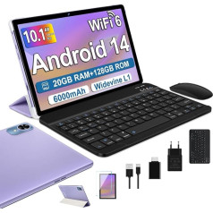 fezawio Android 14 planšetdators 10 collu, 20 GB RAM + 128 GB ROM, astoņkodolu planšetdators WiFi 6, 6000 mAh, (1 TB TF), planšetdators ar tastatūru un peli + viena gada ekrāna apdrošināšana (violets)