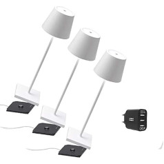 Zafferano [Amazon Exclusive] Komplekts 3x Poldina Pro bezvadu LED galda lampa ar uzlādējamu skārienjūtīgu reostatslēdētāju - IP65 iekštelpām/ārpus telpām, alumīnija, augstums 38 cm, ar vairāku USB lādētāju, balts