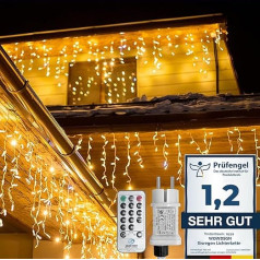 WOWDSGN LED Icicle Fairy Lights āra apgaismojums, 10 m 440 LED Icicle Fairy Lights ar taimeri, 8 režīmi, IP44 ūdensizturīgs, darbināms ar strāvu, gaismas aizkars Ziemassvētkiem, jumta malām, notekcaurulēm, terasei, balkonam, silts