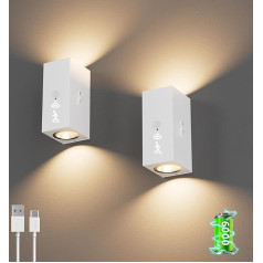 Aipsun Pack of 2 LED akumulatora sienas lampas ar kustības sensoru, baltas, 6000 mAh, bezvadu sienas lampa ar 3 režīmiem (sensors/izslēgts/ieslēgts), 6 W 3000 K Warm White COB kāpnēm, gaitenim, viesistabai, guļamistabai,