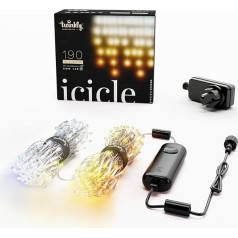 Twinkly Icicle 190 LED baltās LED kaskādes gaismas ārtelpām un iekštelpām, viedās LED gaismas baltā krāsā, saderīgas ar Alexa, Google Home, IP44, lietotnes vadība, caurspīdīgs kabelis, 5,5 m