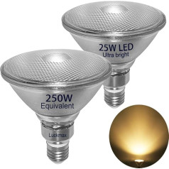 luckmax 25 W PAR38 LED Warm White, ūdensizturīga, izmantošanai iekštelpās un ārpus telpām, silti balta, stikla atstarotājs, E27 LED PAR38 lampa (aizvieto 200 W-250 W halogēna lampu), nav dimmējama, bez mirgošanas, 2 gab. komplektā