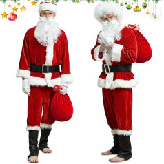 Weihnachtsmann Kostüm Herren, Lustig Weihnachtskostüm Damen,10-teiliges Weihnachtsmann Bart und Perücke, Deluxe Santa Claus Costume Nikolauskostüm Brille/Sack, Weihnachtsmann Anzug Erwachsene