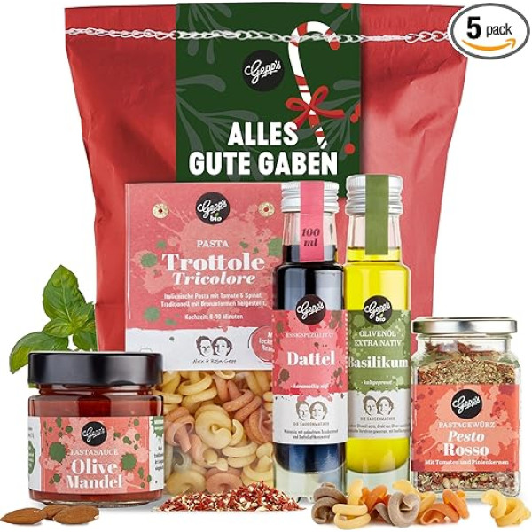 Gepp's Feinkost Alles Gute Gaben Wonder Bag for Christmas, veģetāra Ziemassvētku dāvana ar itāļu makaronu trottole, Pesto Rosso garšvielām un daudz ko citu, delikateses vīriešiem un sievietēm