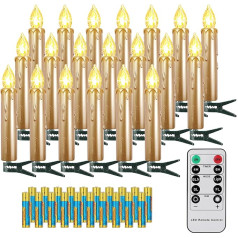 FREEPOWER 20 Gold LED Christmas Tree Candles Wireless with Remote Control Timer Flickering Warm White Dimmable Indoor Outdoor Waterproof Christmas Candles Christmas Tree Lighting (with 20 Batteries)