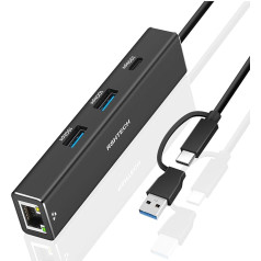 USB 3.2 šakotuvas LAN adapteris 1000 Mpbs, RSHTECH USB 3.1 šakotuvas Gen2 su 3 x 10 Gb/s prievadu (2 x A tipo ir 1 x C tipo) ir RJ45 Gigabit Ethernet tinklo adapteriu, aliumininis Ethernet šakotuvas ir USB 3.0/2.0