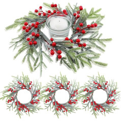 KAHEIGN 4 x Christmas Candle Rings, 21 cm Artificial Red Berries Wreaths Christmas Candle Rings Snowy Pine Needles Candle Holder for Rustic Wedding Christmas Table Decoration