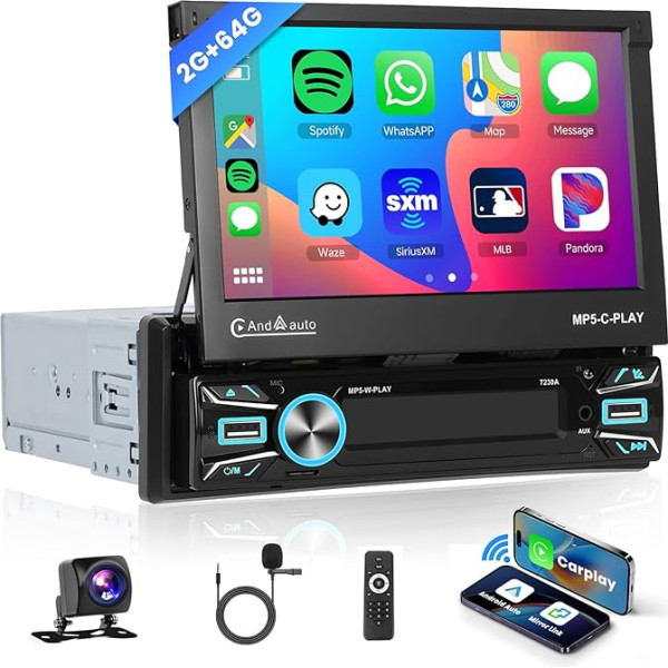 Hodozzy 1 DIN 2GB 64GB Android auto radio Bezvadu Carplay Android auto, 7 collu izvelkamais skārienjutīgais ekrāns ar GPS navigāciju WiFi Bluetooth Mirror Link FM/RDS radio, atpakaļgaitas kamera, SWC, USB