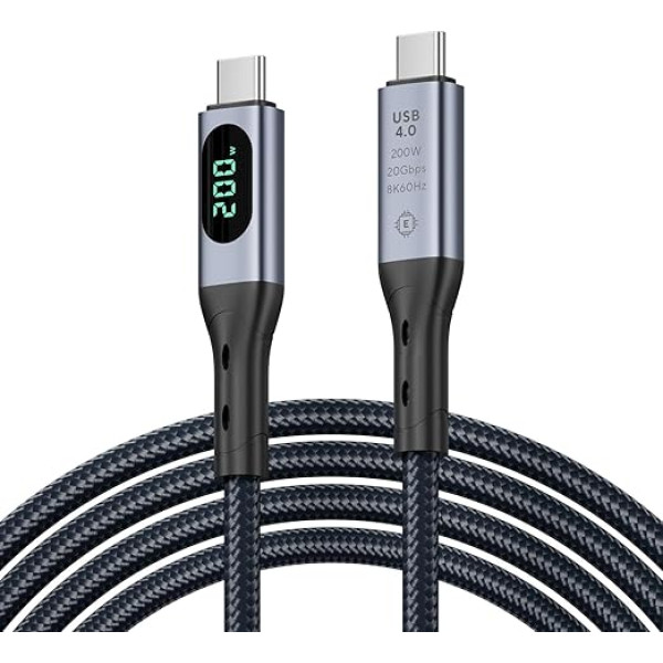 SooPii USB 4 kabelis ar LED displeju, atbalsta 8K video, 20 Gbps datu pārraidi, 200 W USB C uz USB C kabeļa displejs, saderīgs ar iPhone 15, MacBook, Thunderbolt 4 monitoriem, dokstacijām (2 m)