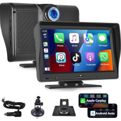 Podofo Bezvadu Apple Carplay pārnēsājamais auto radio ar Android auto, 7 collu skārienjūtīgais ekrāns, pārnēsājamais auto radio ar Dash Cam, atbalsta atpakaļgaitas kameru, Bluetooth, FM raidītājs, balss vadība,