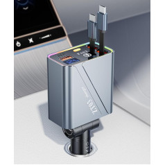 Izvelkamais auto lādētājs 66 W USB C auto lādētājs Cigarešu aizdedzinātāja ātrās uzlādes adapteris 90 cm lādēšanas kabelis Auto mobilā tālruņa lādētājs iPhone 16/15, Samsung, Google, Android, planšetdatoriem