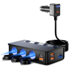 180 W 9 in 1 cigarešu aizdedzinātāja sadalītājs, auto lādētājs ar 65 W PD & 4 portu QC3.0 auto lādētāju, USB C cigarešu aizdedzinātāja USB adapteris ar LED apgaismojumu iPhone Dash Cam iPad GPS