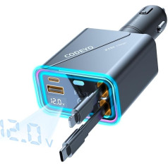 CODEYO izvelkamais auto lādētājs [148W USB C auto lādētāja adapteris] 4 in 1 iPhone 16 auto lādētājs, PD 66W ātrais lādētājs MacBook, iPhone 16 15 14 13 12, iPad, Samsung, Grey