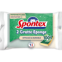 SPONTEX - Efektīvs un izturīgs sūkļa skrāpis - 2 skrāpēšanas spilventiņi, kas izgatavoti no 100% pārstrādātas šķiedras - pārstrādājams papīra iepakojums