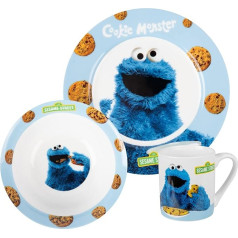 United Labels Cookie Monster bērnu brokastu komplekts ar Cookie Monster un cepumiem, porcelāna trauku komplekts 3 gab. ar šķīvi, bļodu un krūzīti, piemērots mazgāšanai trauku mazgājamā mašīnā un mikroviļņu krāsnī