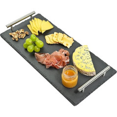 Praknu Šīfera servīzes šķīvis ar rokturiem, 40 x 20 cm, ideāli piemērots servēšanai, neslīdošs, no dabīgā šīfera