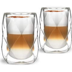 Vialli Design 2 divkāršu termo glāžu komplekts, 350 ml, glāzes Latte Macchiato, Cappuccino, Geo Collection, Latte Cups, kafijas glāzes, kafijas glāzes, karstumizturīgs stikls, caurspīdīgs