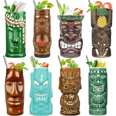 Tiki krūzītes 8 komplekts - Tiki glāzes Keramikas Havaju salu ballīšu krūzes Tiki bāra krūzes kokteiļiem Premium Tropu krūzes dzērieniem Tiki krūžu komplekts eksotiskām ballītēm