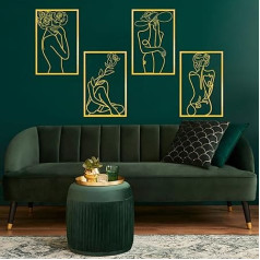 WATUNID Pack of 4 Metal Wall Art Decor, Minimalist Abstract Wall Decoration, Metal, Wall Art, One-line Art Drawing, Modern Gold Wall Sculptures for Hanging for Living Room, Home, Bedroom