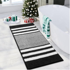 Īpaši mīksts un absorbējošs pūkains svītrains šenila neslīdošs šūpuļveida vannas paklājs, mazgājams mašīnā, melns 50x120cm