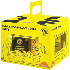 BVB x Ostmann Manta šķīvju komplekts, karija desu frī kartupeļi DIY, čipsu sāls, karija pulveris, karija desu mērce un 8 bļodas BVB fanu izdevumā, ideāli piemēroti kā dāvana