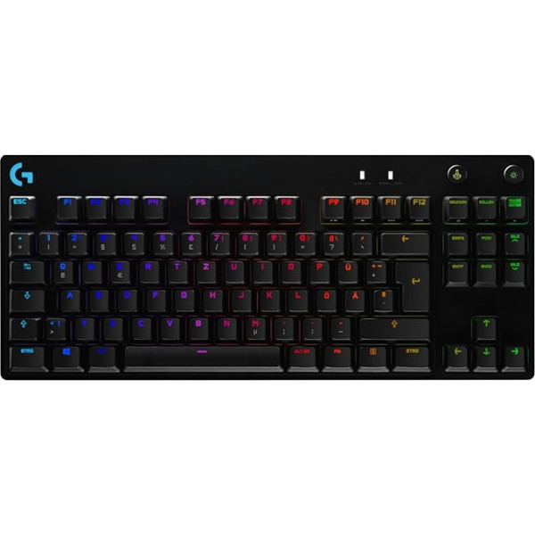 Logitech G PRO TKL mehāniskā spēļu tastatūra, GX-Blue Clicky slēdži, LIGHTSYNC RGB dizains bez ciparu tastatūras e-sporta spēlēm, noņemams micro USB kabelis, vācu QWERTY izkārtojums, melns