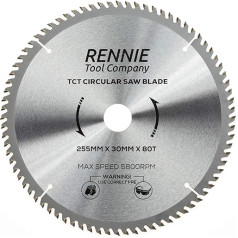 Rennie Tools 255mm x 30mm x 80T kokmateriālu ripzāģa asmens Ietver 25mm, 20mm un 16mm urbumu samazināšanas gredzenus Savietojams ar Bosch, Makita, Dewalt ripzāģiem u.c. Piemēro 254 mm