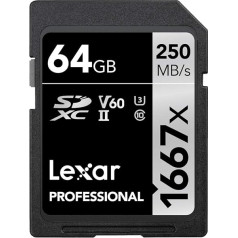 Lexar Professional 1667x SD karte 64 GB, atmiņas karte SDXC UHS-II, lasīšanas ātrums līdz 250 MB/s, 10. klase, U3, V60, SD profesionāliem fotogrāfiem, videogrāfiem, entuziastiem (LSD64GCB1667)