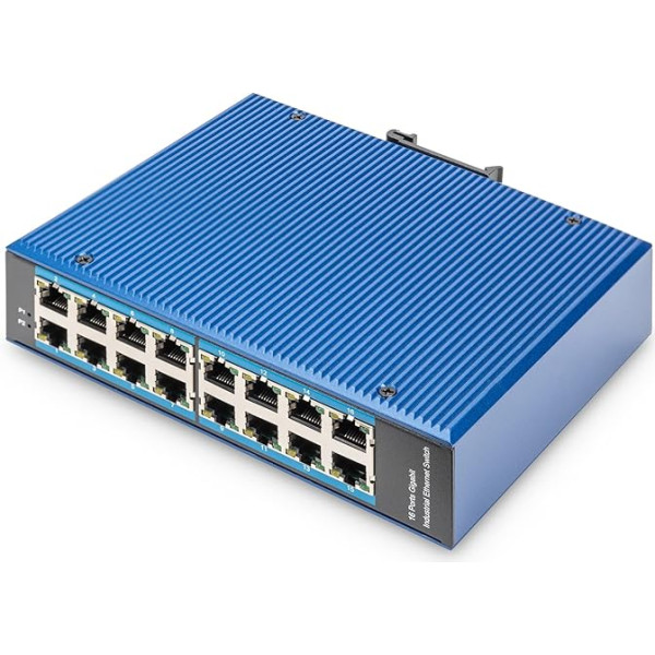 DIGITUS tīkla komutators - 16 portu Gigabit Ethernet - 16x RJ45 - bez vadības - 10/100/1000 Mbit/s - DIN sliedes un sienas stiprinājums - IP40 - Industrial Series - zils