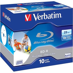 Verbatim Blu-Ray lāzera disks BD-R 25Gb 6X Jewel ar tintes printeri, drukājams, 10 gab., iepakojums 43713