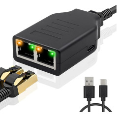 Duttek Ethernet sadalītājs, RJ45 Ethernet sadalītājs no 1 līdz 2, Ethernet sadalītājs, ātrgaitas 100Mbps tīkla sadalītājs ar USB-C barošanas kabeli, interneta sadalītājs Cat5/5e/6/7/8 kabelim