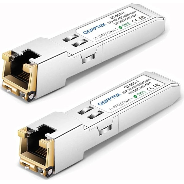 QSFPTEK Gigabit SFP vara RJ45 modulis 10/100/1000BASE-T SFP uz RJ45 Mini-GBIC tranzistors Cisco GLC-T/SFP-GE-T, Mikrotik S-RJ01, līdz 100 m - 2 vienību iepakojums